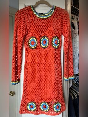 Zara Orange Hand-Crochet Long Sleeve Dress with Multicolor Medallions